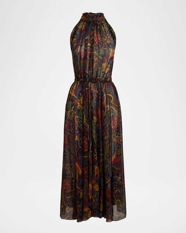 Kylee Floral Crinkle Chiffon Midi Halter Dress